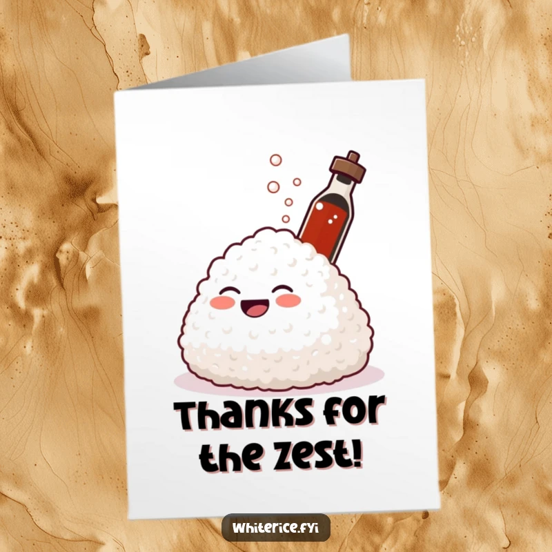 Funny Free Printable Thank You Card: A giggling rice mound enjoys a playful spray from a tiny soy sauce bottle.