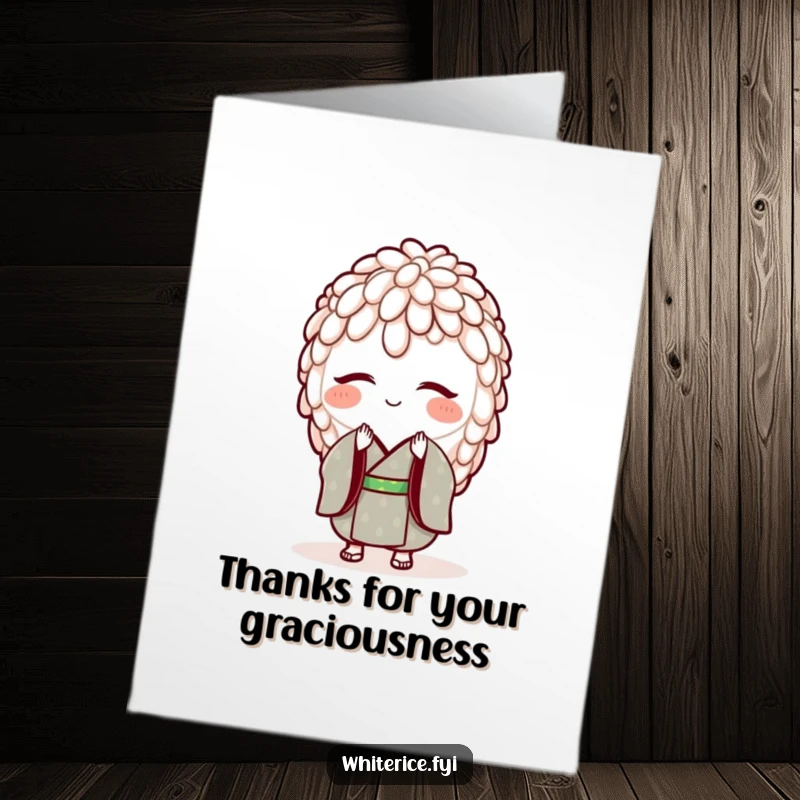 Funny Free Printable Thank You Card: A polite rice grain in a kimono bows deeply, offering sincere thanks.