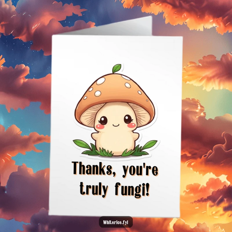 Funny Free Printable thank you card showing a wobbly brown mushroom character with a shy smile adding a garnish, expressing gentle thanks.