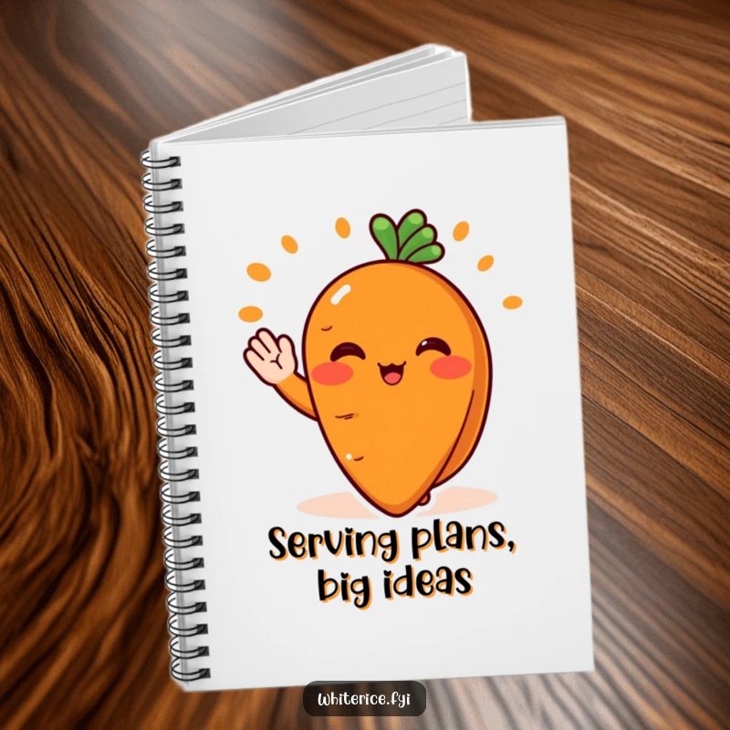 Funny notebook with a blushing orange carrot slice character serving food with a cheerful wave, perfect for jotting happy notes.