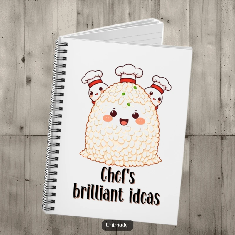 Funny notebook cover with proud rice characters in chef hats, designed for documenting culinary creations and recipes.