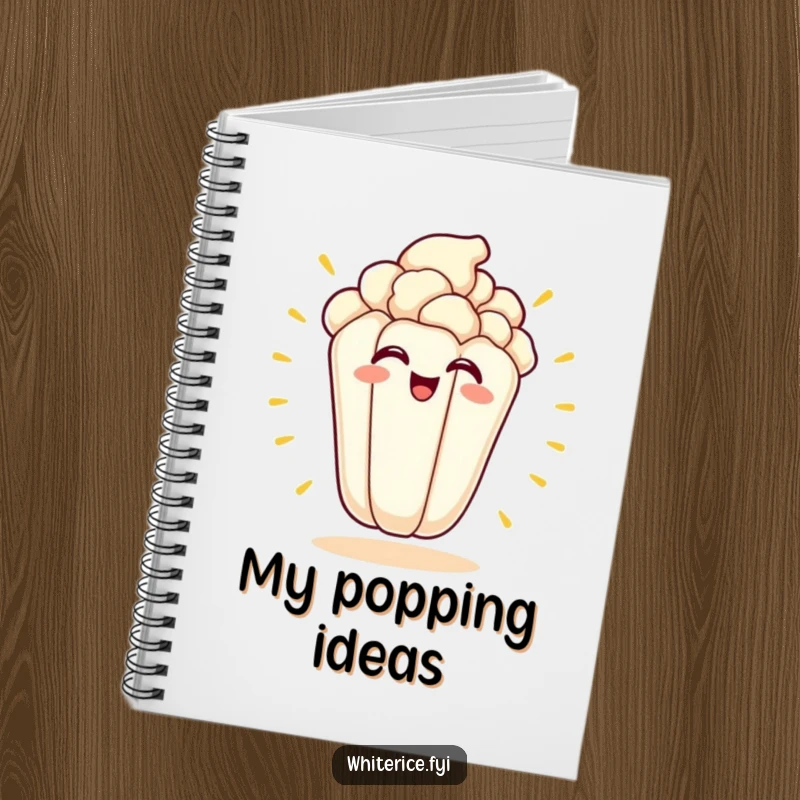 Funny kawaii notebook featuring an excited popcorn kernel popping with a wide grin, great for notes.