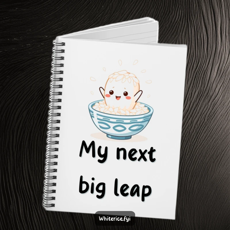 Funny kawaii white rice grain character leaping into a steaming rice bowl, on a notebook cover, inspiring happy notes and creativity.