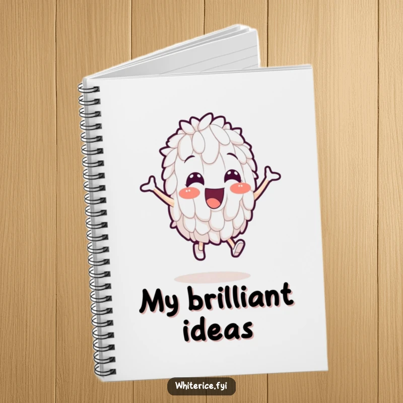 Funny notebook featuring a cheerful white rice grain character comically leaping across the cover, inspiring fun note-taking.