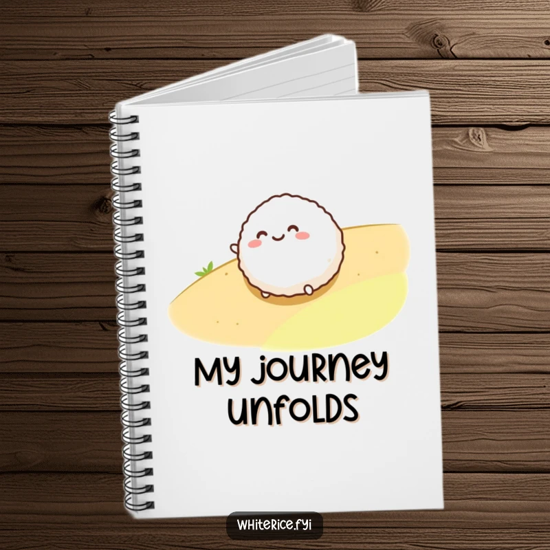 Funny notebook with a cute rice ball character rolling playfully on the cover, perfect for journaling and doodling.