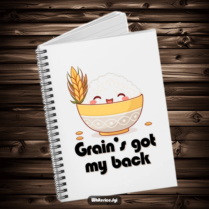 Funny notebook cover featuring a happy rice bowl peeking from behind a large grain, perfect for jotting down humorous thoughts.