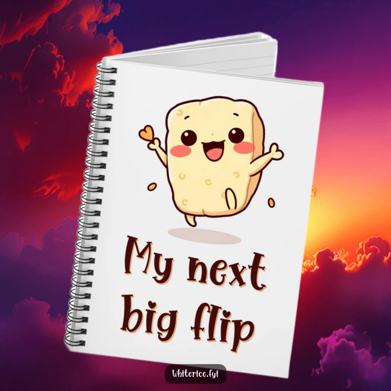 Funny Rice Cracker Notebook: Cute Kawaii cracker in a dynamic flip pose, inspiring playful note-taking and creative journaling, great for school or work.