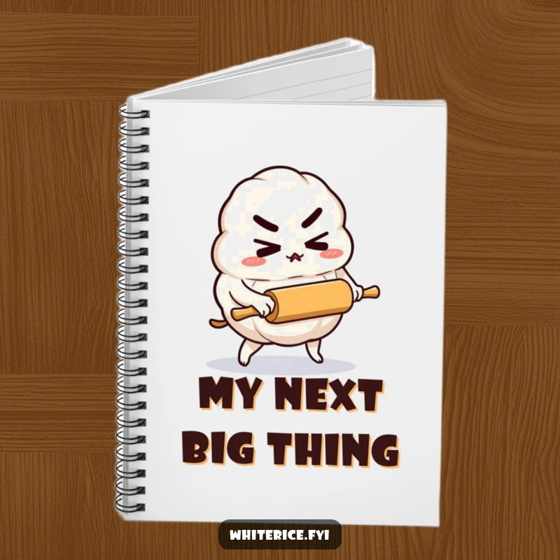Funny notebook cover featuring a determined rice dumpling character pushing a tiny rolling pin, perfect for planning ambitious goals.
