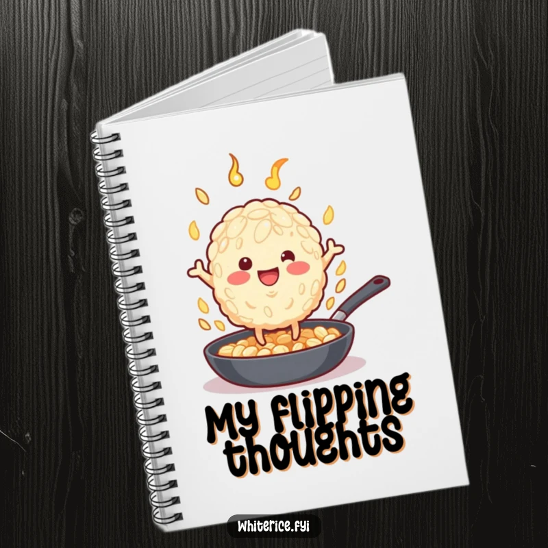 Funny rice grain character with tiny legs flipping food, on the cover of a funny notebook.