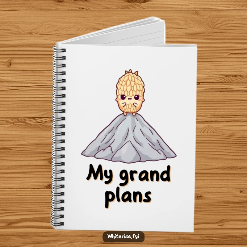 Funny notebook cover with a determined grain of rice standing tall on a mountain of others, embodying ambition.