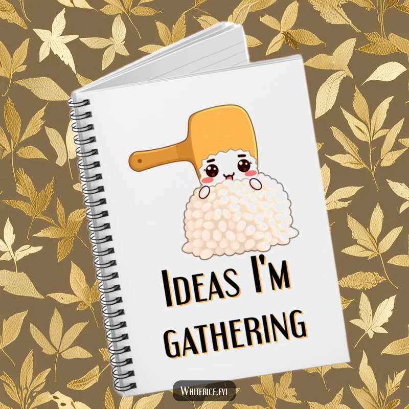 Funny notebook with a determined rice paddle character scooping rice on the cover, perfect for journaling culinary dreams.