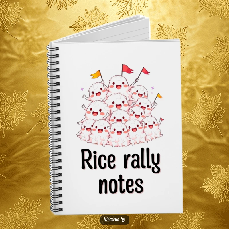 Funny notebook with a smiling pile of white rice characters cheering and waving flags, for writing notes.