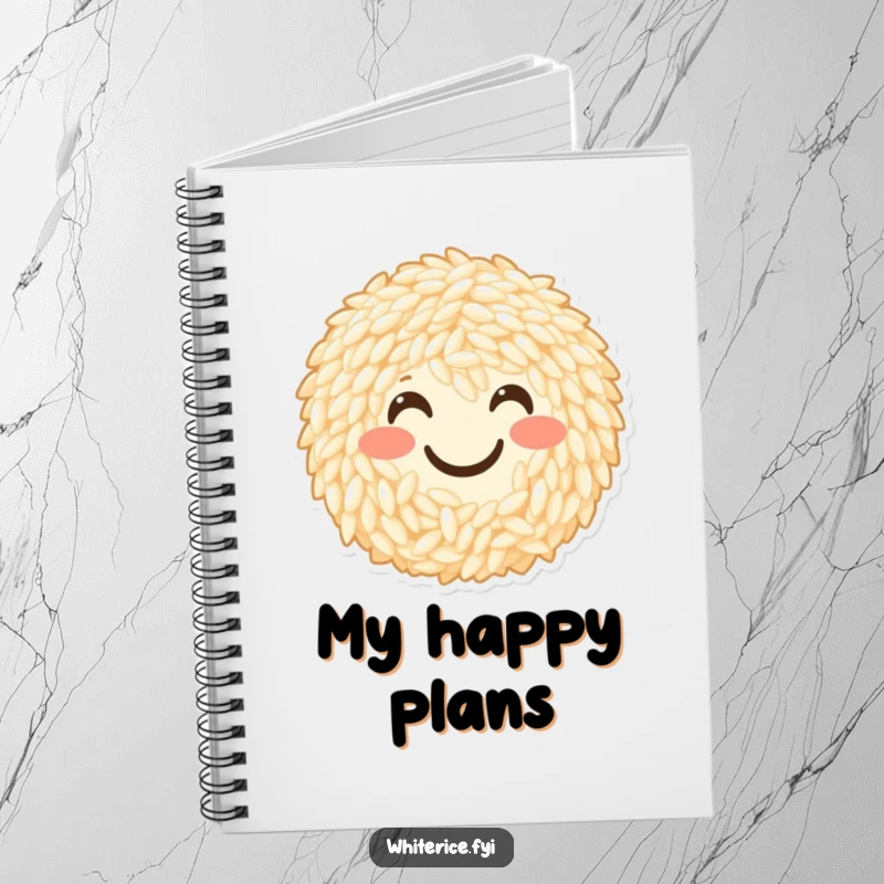 Funny notebook featuring a cheerful bunch of rice grains forming a happy smiley face. Ideal for notes and journaling.