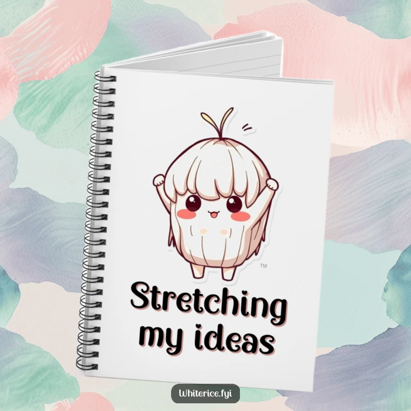 Funny Sticky Rice Notebook: A determined Kawaii character in a taffy-like stretch, encouraging flexible thinking and note-taking, great for planning.