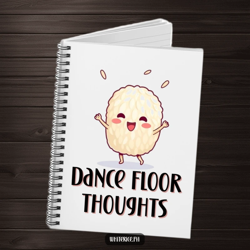 Funny notebook featuring a delighted grain of rice doing a victory dance, perfect for jotting down ideas.