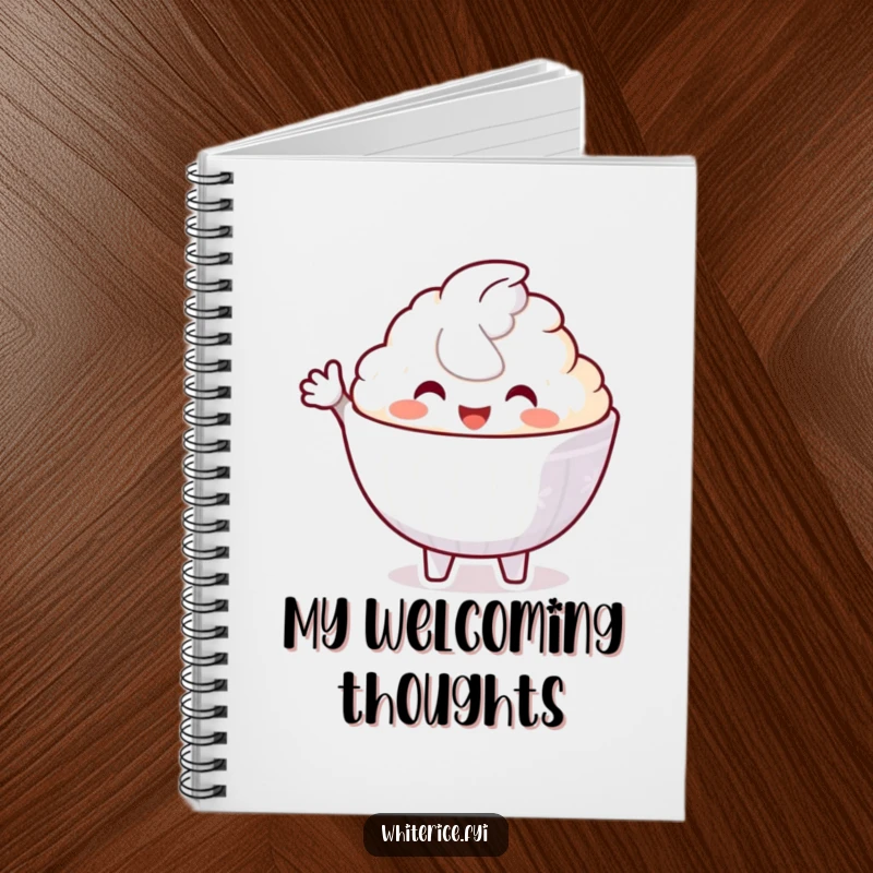 Funny notebook featuring a delighted white rice bowl character offering a welcoming gesture across the cover, inspiring friendly notes.