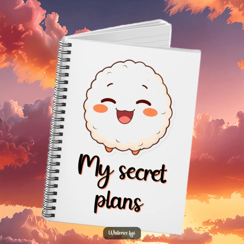 Funny notebook with a delighted rice ball character giving a joyful wink, perfect for notes and playful doodling.