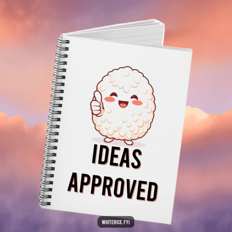 Funny heap of white rice giving a thumbs-up notebook, encouraging note-taking with a joyful and humorous endorsement.