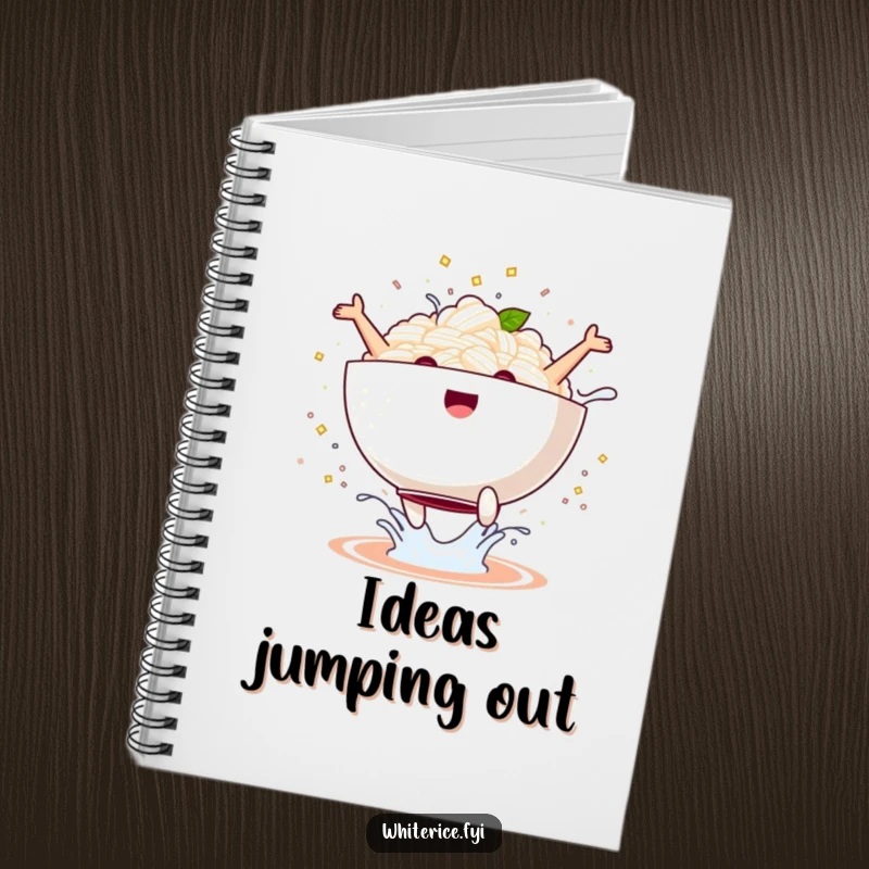 Funny kawaii rice bowl notebook performing a joyful jump with a splash, energetic and hilarious journal, perfect funny gift.