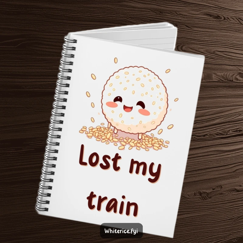 Funny notebook cover featuring a happy rice ball character comically trying to catch falling grains, perfect for brainstorming funny ideas.