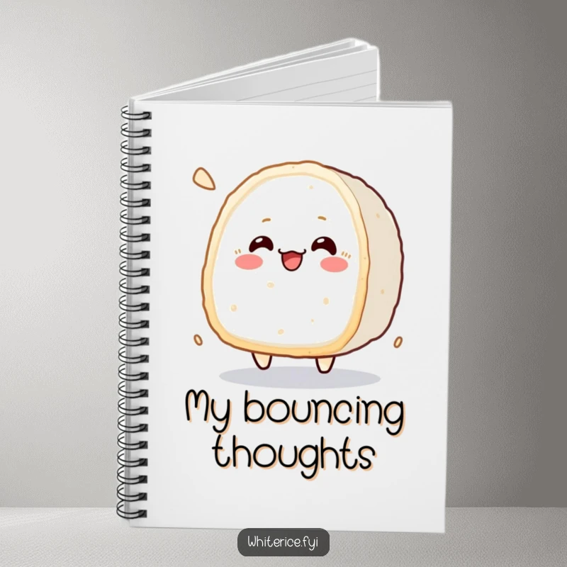 Funny kawaii notebook featuring a cheerfully bouncing rice cake character, ideal for writing and drawing.