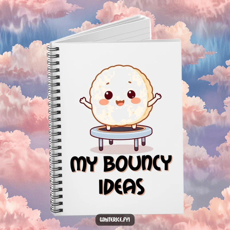 Funny notebook cover with a giggling rice cake bouncing like a mini trampoline, embodying playful energy.