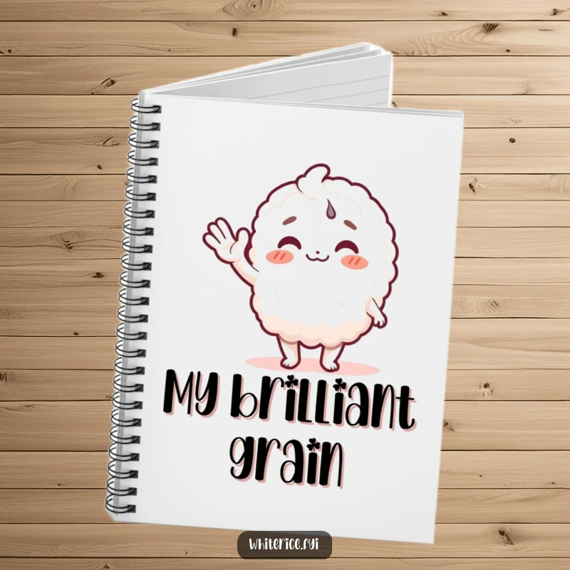 Funny rice character notebook with a welcoming white rice figure on the cover, perfect for jotting down notes and ideas.