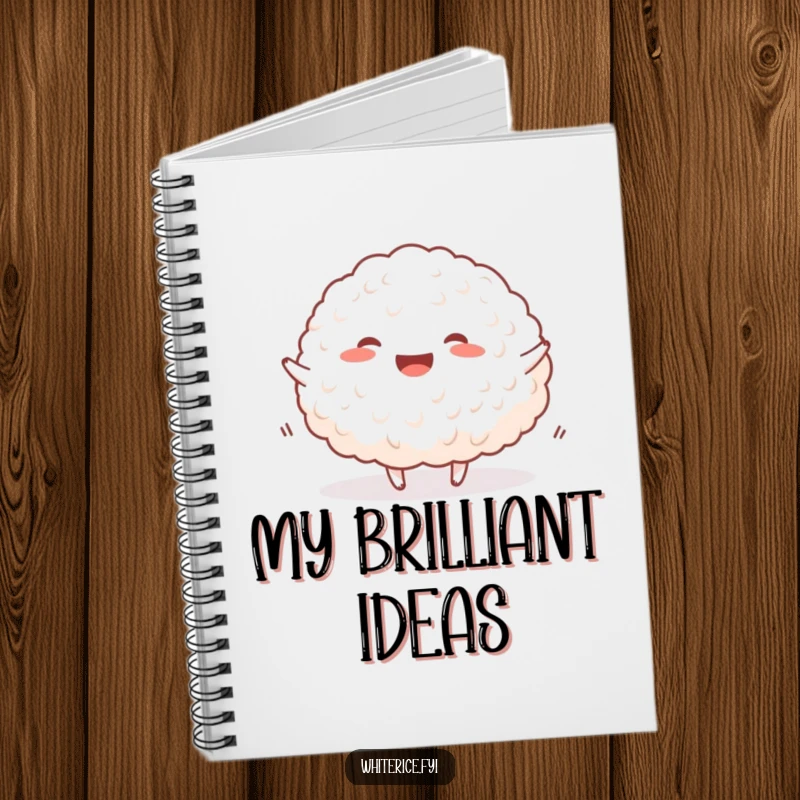 Funny happy rice notebook with a joyful mound of white rice bouncing happily, perfect for capturing ideas.