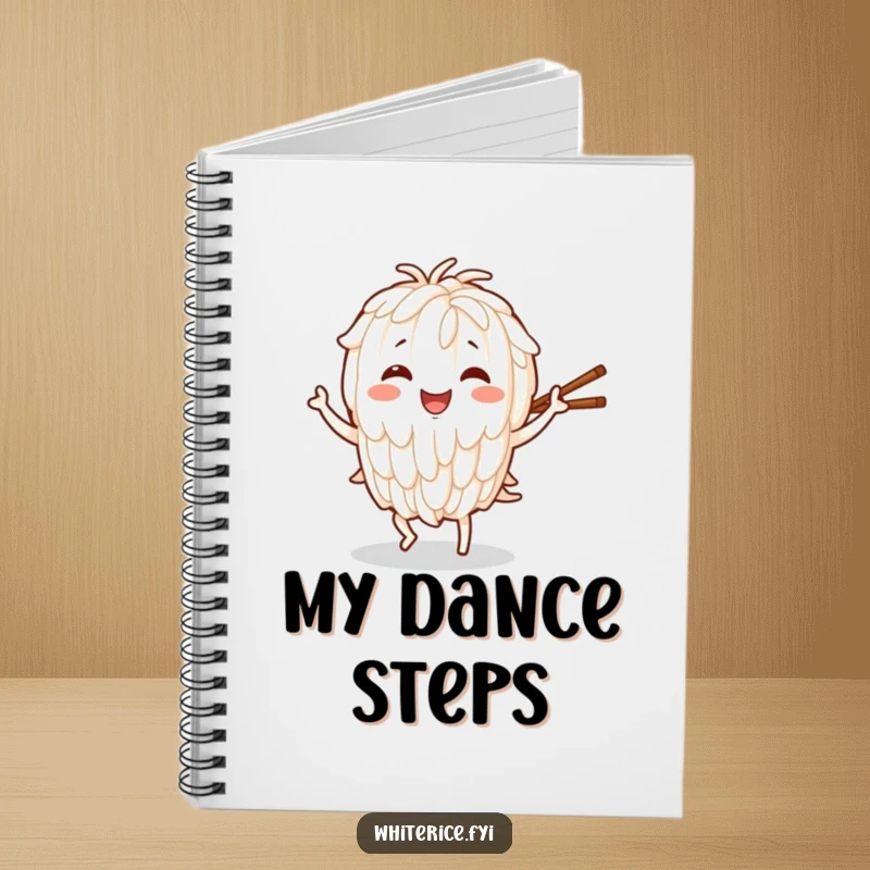 Funny notebook with a smiling rice character dancing with chopsticks, perfect for notes and creative culinary thoughts.