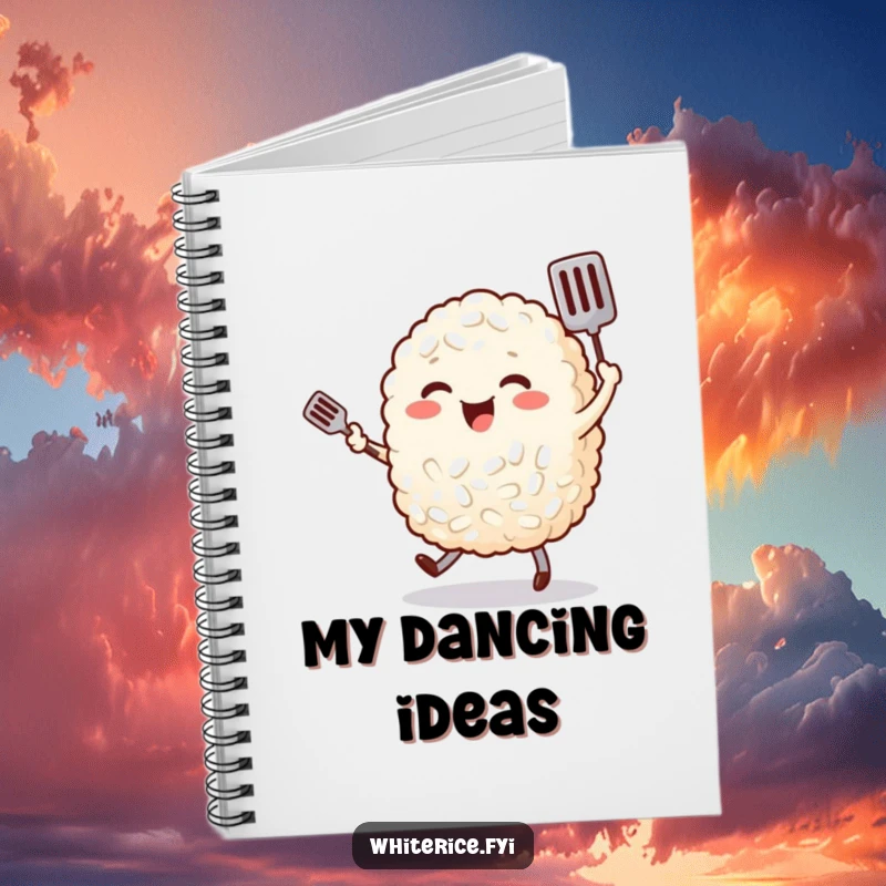 Funny rice character happily dancing with a tiny spatula, depicted on the cover of a notebook for recipe keeping.