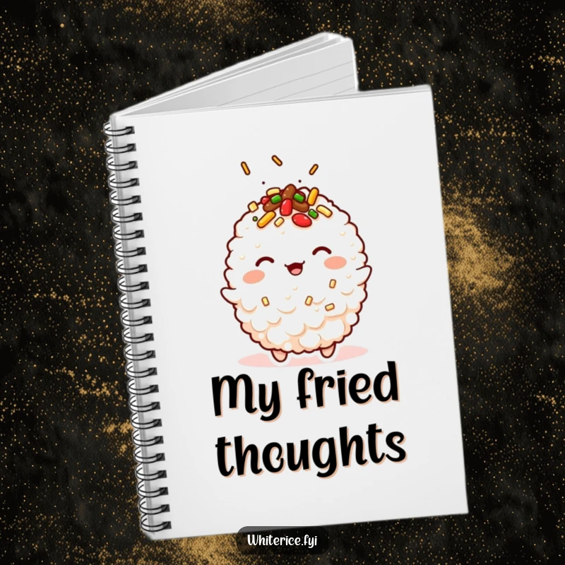 Funny kawaii notebook featuring a winking fried rice character, ideal for jotting down ideas and recipes.