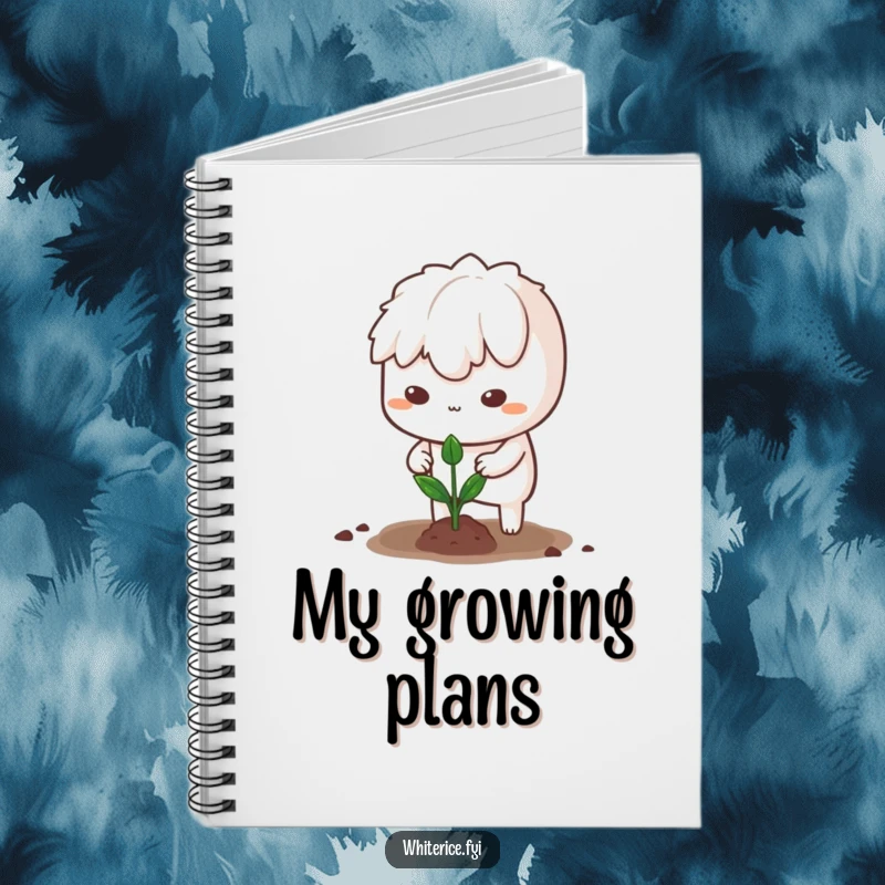 Funny notebook with a determined white rice character planting a sprout, designed for goal-oriented note-taking.