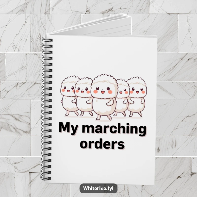 Funny notebook with a cheerful group of white rice characters marching in a neat line, for writing.
