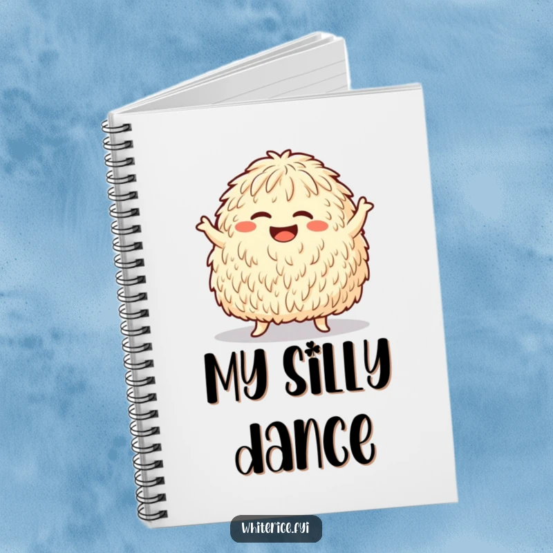 Funny notebook featuring a giggling rice mound doing a silly dance move, inspiring creativity and energetic thoughts.