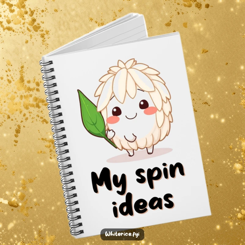 Funny notebook featuring a smiling rice character spinning with a jaunty leaf, inspiring creativity and happy thoughts.