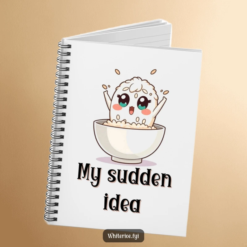 Funny rice notebook cover displays a surprised grain of rice character leaping out of a bowl with wide eyes, perfect for note-taking.