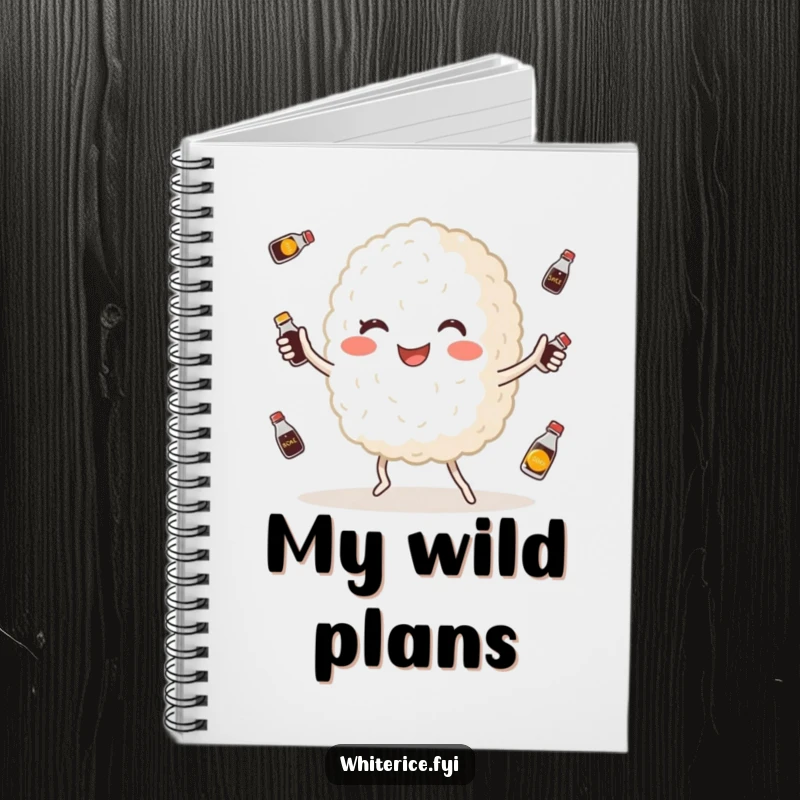 Funny notebook with a happy, plump white rice grain character juggling tiny soy sauce bottles, perfect for notes and culinary ideas.