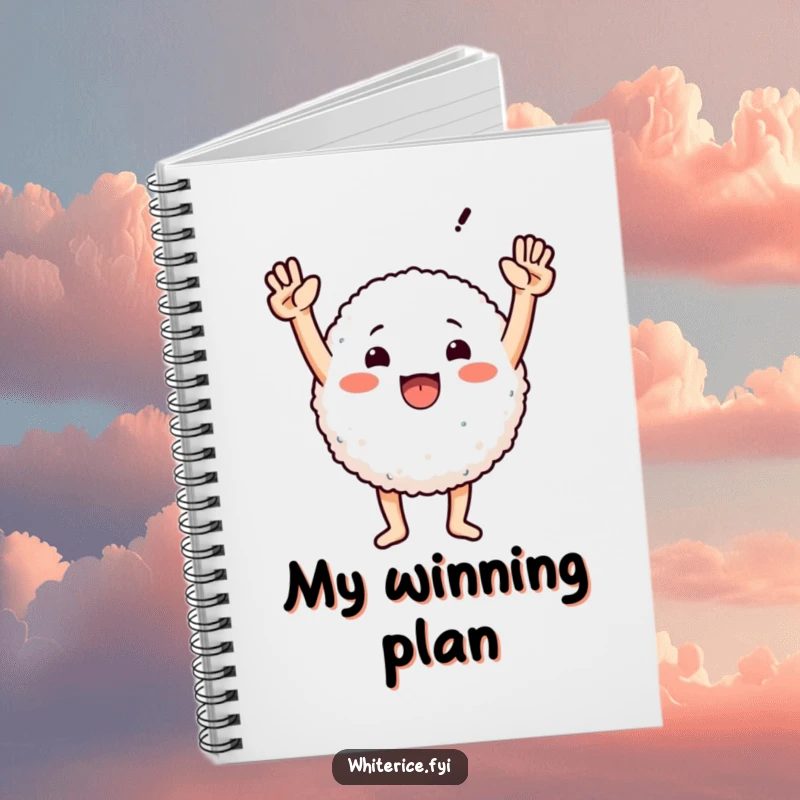 Funny notebook with a round rice character triumphantly raising its arms, inspiring success and laughter on every page.
