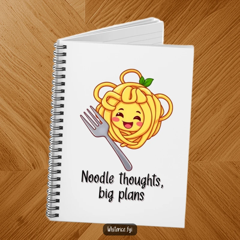 Funny notebook with a joyful yellow noodle character twirling noodles around a fork, perfect for jotting down happy ideas.