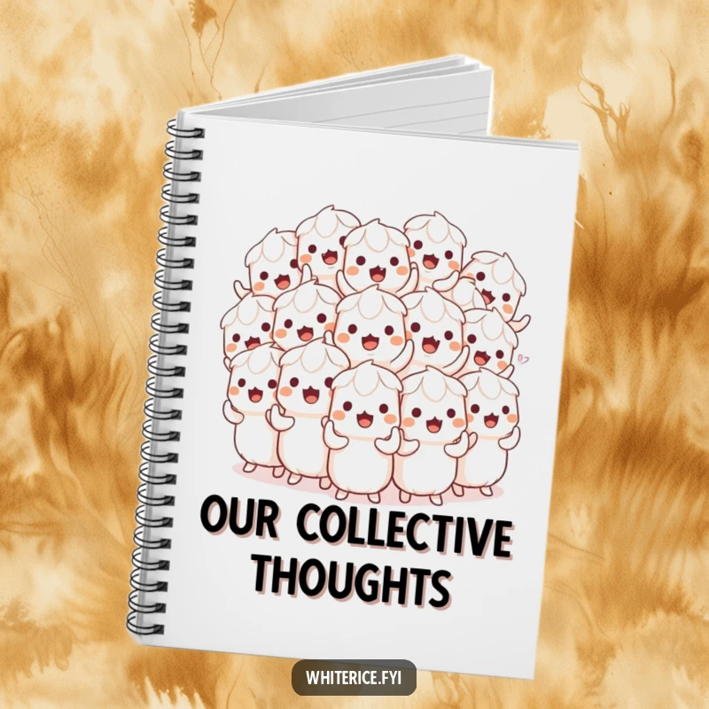 Funny notebook featuring a playful pile of white rice characters wiggling in unison across the cover, inspiring fun ideas.