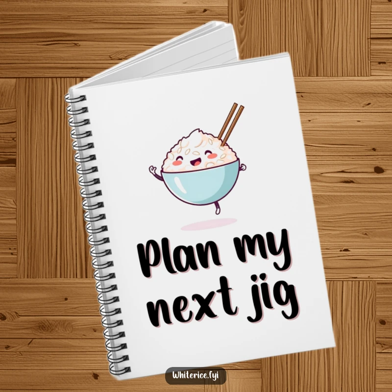 Funny happy white rice bowl notebook, dancing with chopsticks, perfect for note-taking with a humorous food theme.