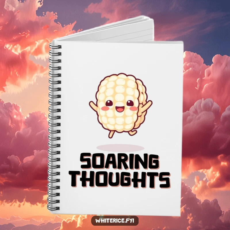 Funny Kawaii Rice Notebook featuring a cheerful rice grain character joyfully jumping, ideal for jotting down ideas with cute and humorous flair.