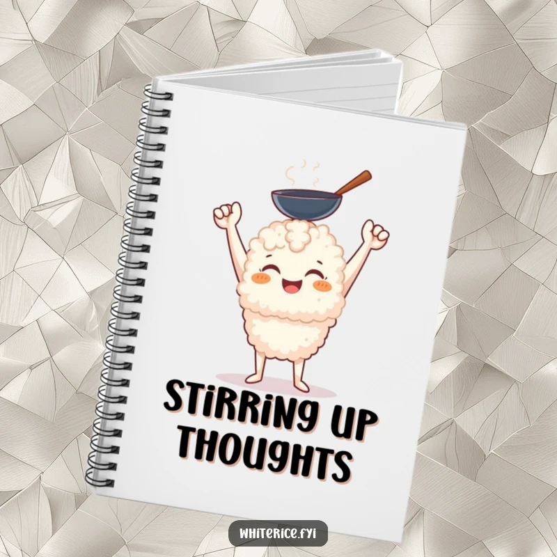 Funny cheerful white rice character holding a miniature wok with a triumphant smile on a notebook cover.