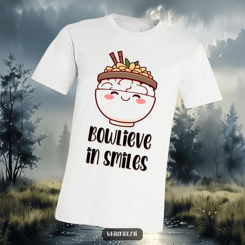 Funny happy rice bowl t-shirt, beaming with a huge smile, a cheerful and funny statement of pure delight.
