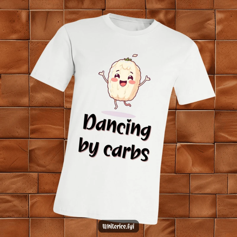 Funny t-shirt showcasing a happy rice grain character performing a lively dance, radiating pure joy and infectious energy.