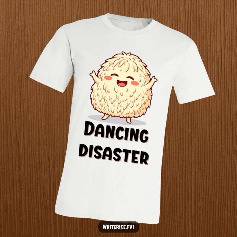Funny t-shirt showing a giggling rice mound doing a hilarious silly dance move, celebrating pure, infectious joy.