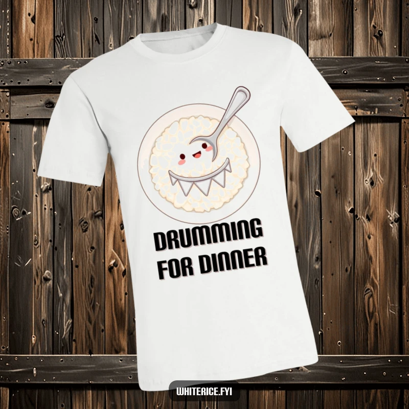 Funny white rice plate acting as a drum with a tiny spoon t-shirt, showcasing a quirky and humorous music theme.