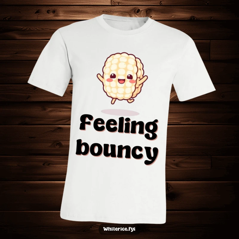 Funny Kawaii Rice T-Shirt featuring a cheerful rice grain character joyfully jumping, perfect for expressing playful energy and cute style.