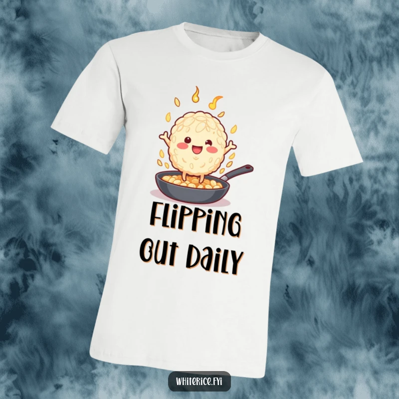 Funny beige rice grain character with tiny legs enthusiastically flipping in a hot pan on a funny t-shirt.