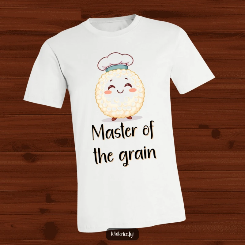Funny smiling white rice grain character in a tiny chef hat, holding a utensil, showcased on a t-shirt, ready for kitchen adventures.